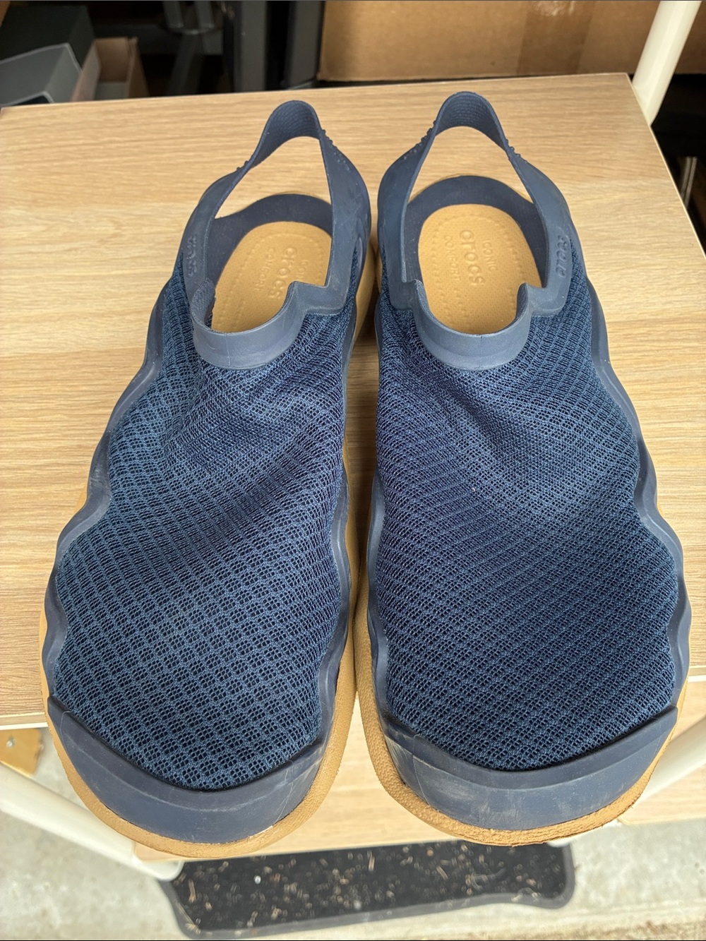 CROCS Men's Navy Mesh Slingback Swimshoes with Tan Footbed